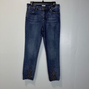 Tribal Jeans Womens Size 8 Blue Floral Embroidered Raw Hem Skinny Jeans